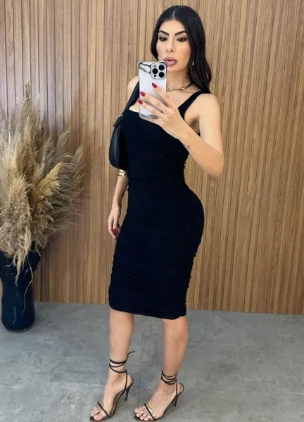 Vestido Midi Regata Drapeado - Preto