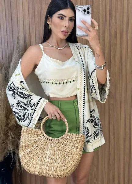 Conjunto Kimono Verão - Off/Preto