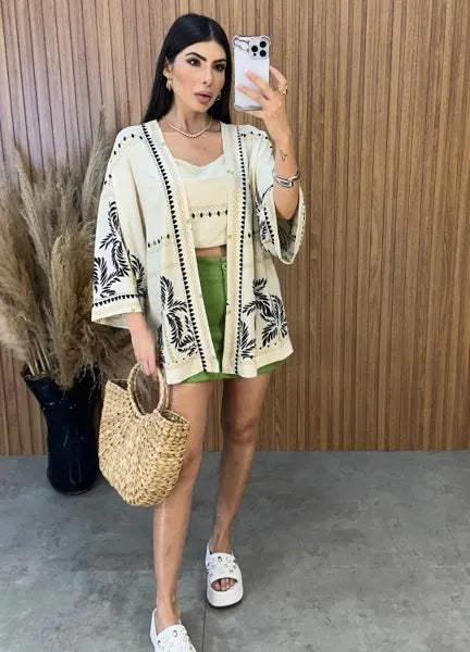 Conjunto Kimono Verão - Off/Preto