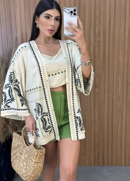 Conjunto Kimono Verão - Off/Preto