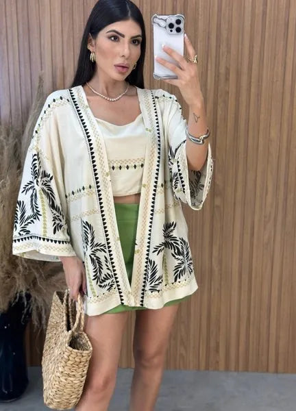 Conjunto Kimono Verão - Off/Preto