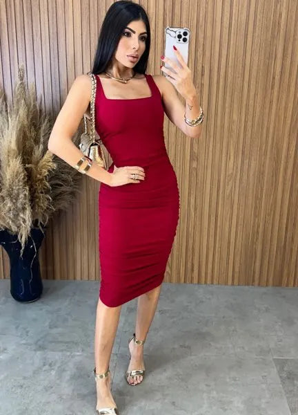 Vestido Midi Regata Drapeado - Vermelho
