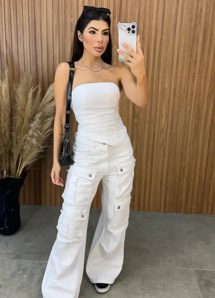 Calça Jeans Cargo Alcance - Branca