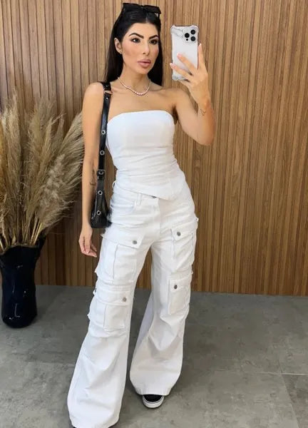 Calça Jeans Cargo Alcance - Branca