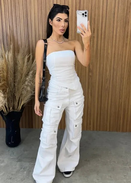 Calça Jeans Cargo Alcance - Branca