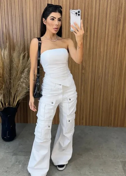 Calça Jeans Cargo Alcance - Branca
