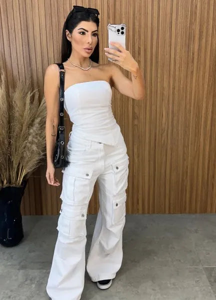 Calça Jeans Cargo Alcance - Branca