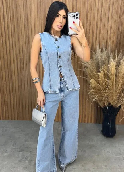 Calça Jeans Wide Leg Alcance - Lavagem Média