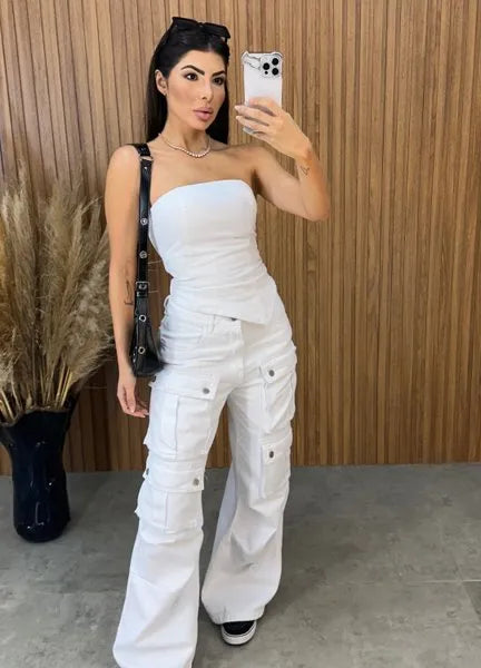 Calça Jeans Cargo Alcance - Branca