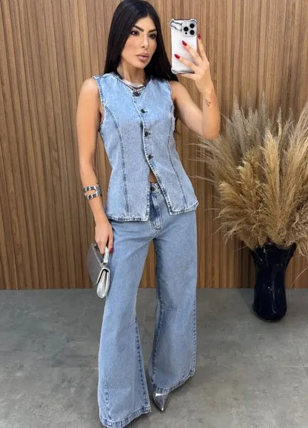 Calça Jeans Wide Leg Alcance - Lavagem Média