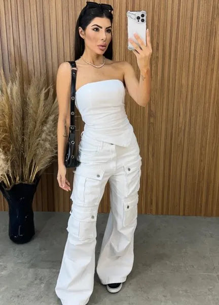 Calça Jeans Cargo Alcance - Branca