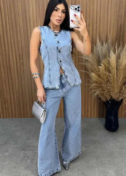 Calça Jeans Wide Leg Alcance - Lavagem Média