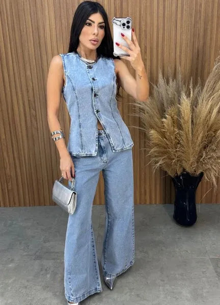 Calça Jeans Wide Leg Alcance - Lavagem Média
