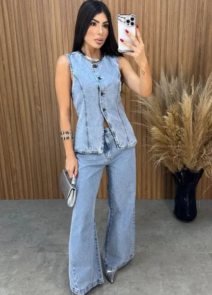 Calça Jeans Wide Leg Alcance - Lavagem Média