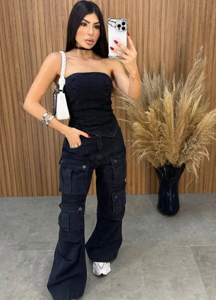 Calça Jeans Cargo Alcance - Preta