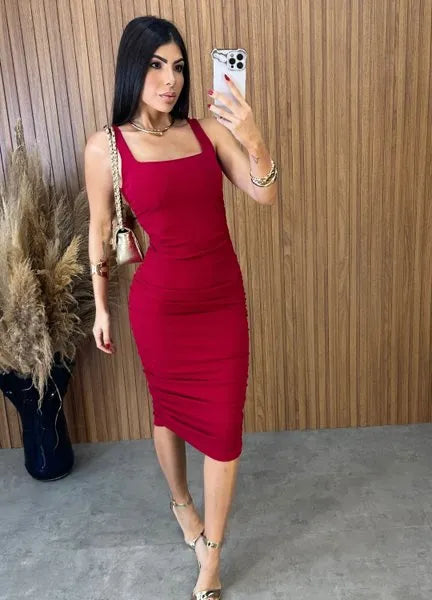 Vestido Midi Regata Drapeado - Vermelho