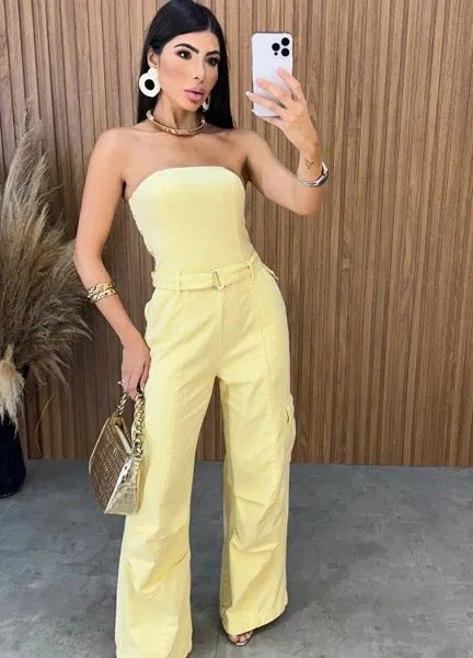 Macacão Jeans Alcance - Amarelo
