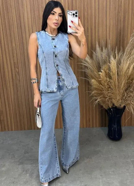 Calça Jeans Wide Leg Alcance - Lavagem Média