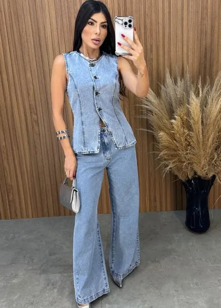 Calça Jeans Wide Leg Alcance - Lavagem Média