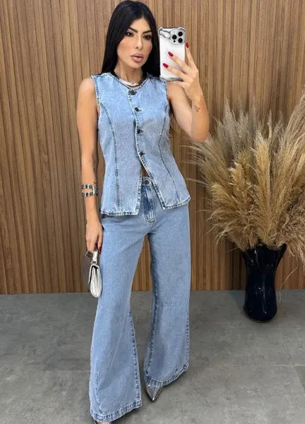Calça Jeans Wide Leg Alcance - Lavagem Média
