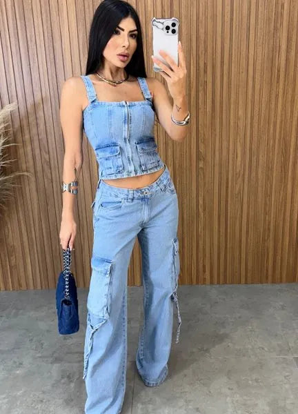 Calça Jeans Cargo - Lavagem Média