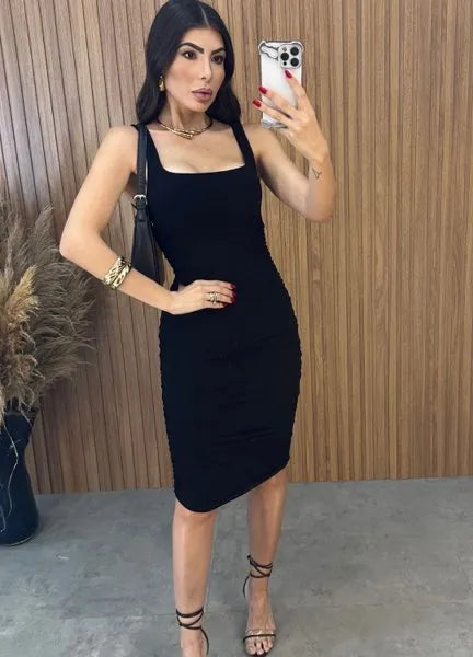 Vestido Midi Regata Drapeado - Preto
