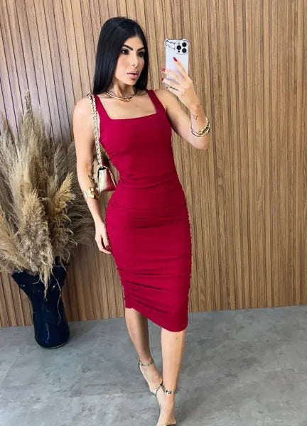 Vestido Midi Regata Drapeado - Vermelho