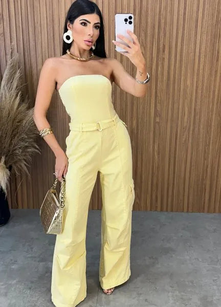 Macacão Jeans Alcance - Amarelo