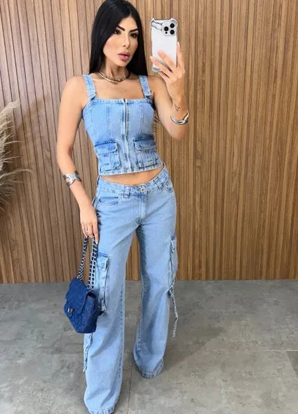 Calça Jeans Cargo - Lavagem Média