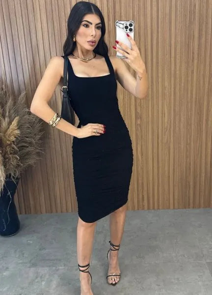 Vestido Midi Regata Drapeado - Preto