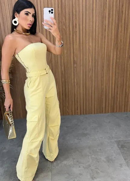 Macacão Jeans Alcance - Amarelo
