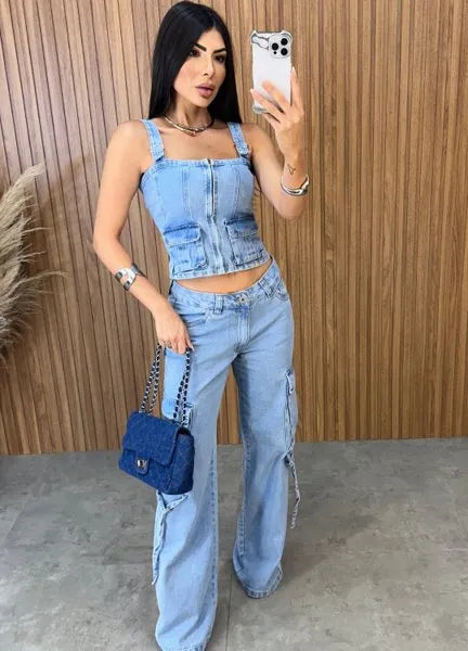 Calça Jeans Cargo - Lavagem Média