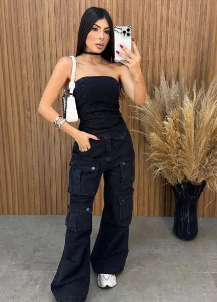 Calça Jeans Cargo Alcance - Preta