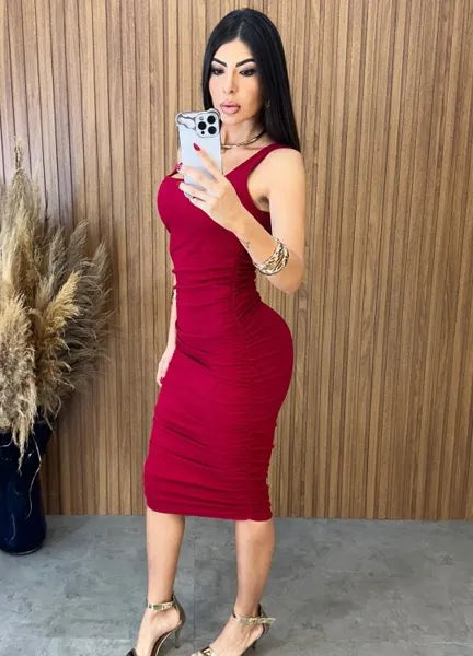 Vestido Midi Regata Drapeado - Vermelho