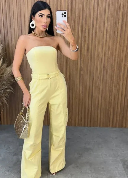 Macacão Jeans Alcance - Amarelo