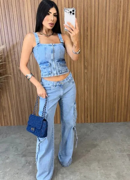 Calça Jeans Cargo - Lavagem Média