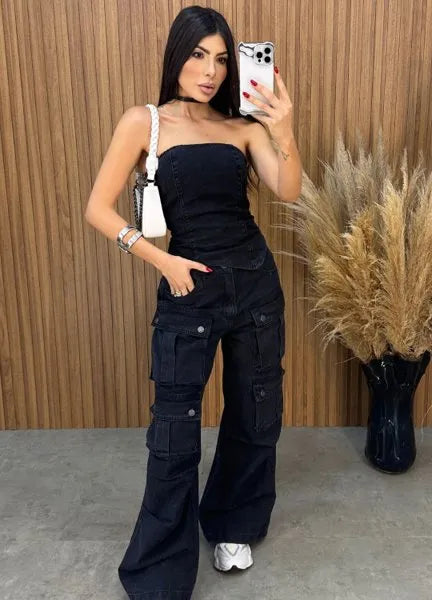 Calça Jeans Cargo Alcance - Preta