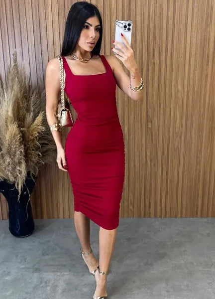 Vestido Midi Regata Drapeado - Vermelho