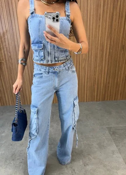 Calça Jeans Cargo - Lavagem Média