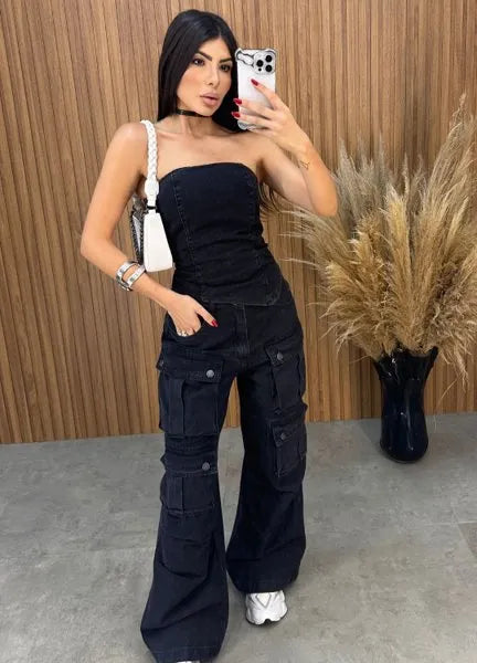 Calça Jeans Cargo Alcance - Preta
