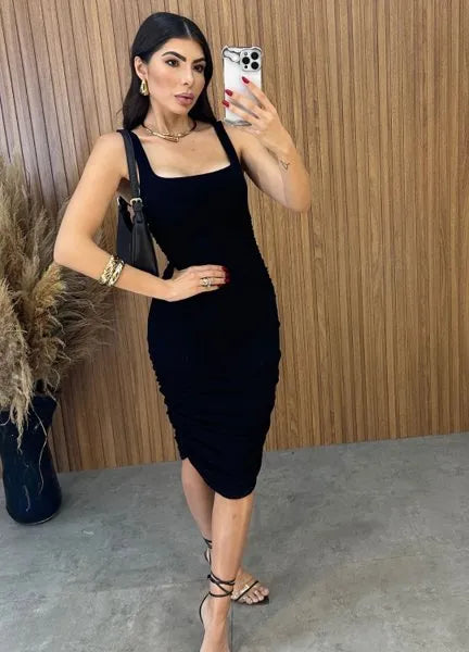 Vestido Midi Regata Drapeado - Preto