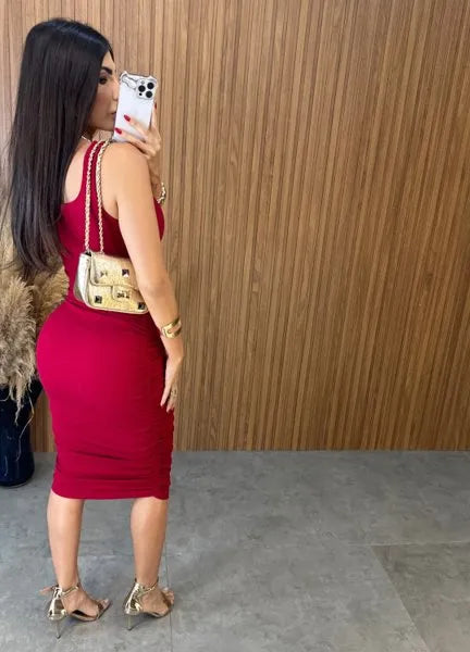 Vestido Midi Regata Drapeado - Vermelho