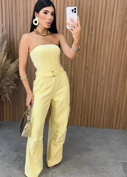 Macacão Jeans Alcance - Amarelo