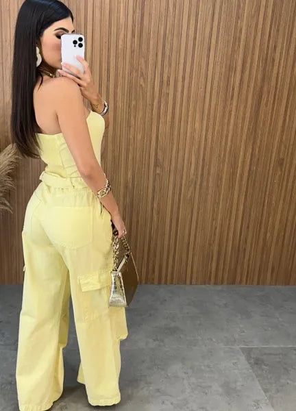 Macacão Jeans Alcance - Amarelo
