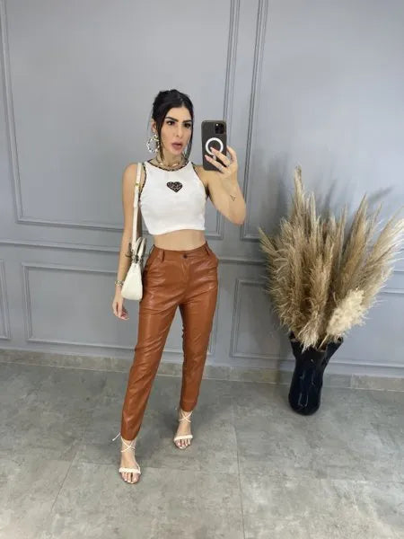Calça Mônaco Couro Eco - Caramelo