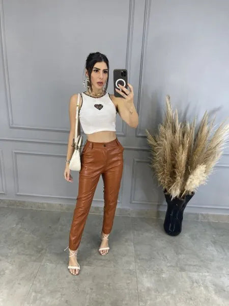 Calça Mônaco Couro Eco - Caramelo