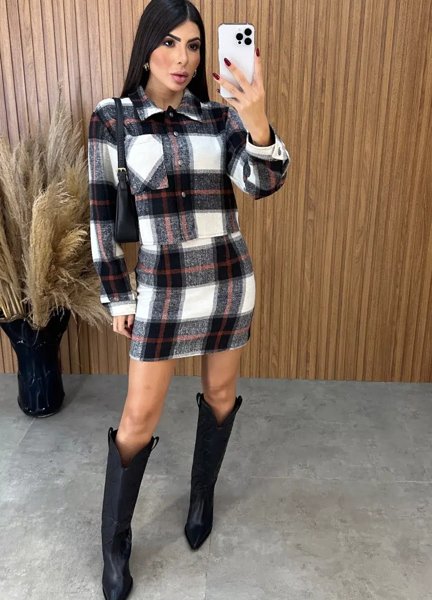 Conjunto Paris Xadrez Flanelado - Preto