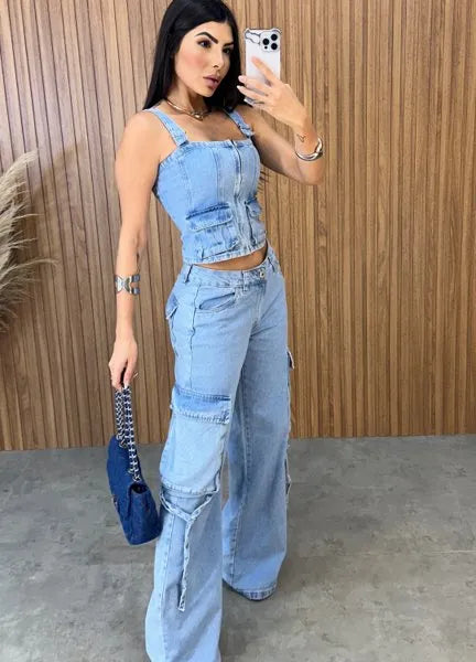 Calça Jeans Cargo - Lavagem Média