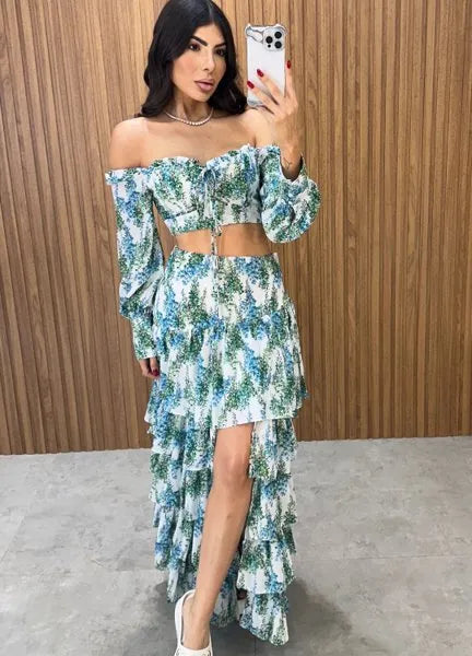 Conjunto Búzios Floral - Off/Verde