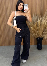 Calça Jeans Cargo Alcance - Preta